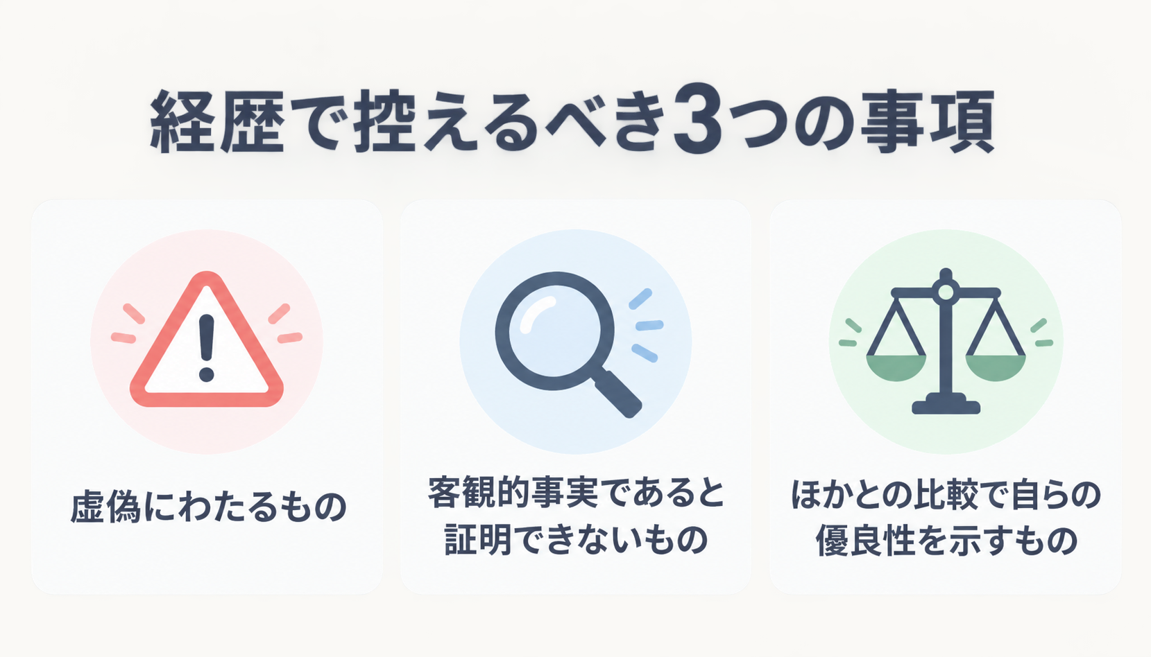 経歴で控えるべき3つの事項（虚偽にわたるもの・客観的事実であると証明できないもの・ほかとの比較で自らの優良性を示すもの）
